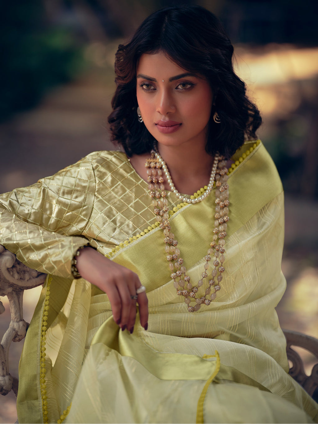 Stylee Lifestyle Green Organza Woven Saree - Distacart