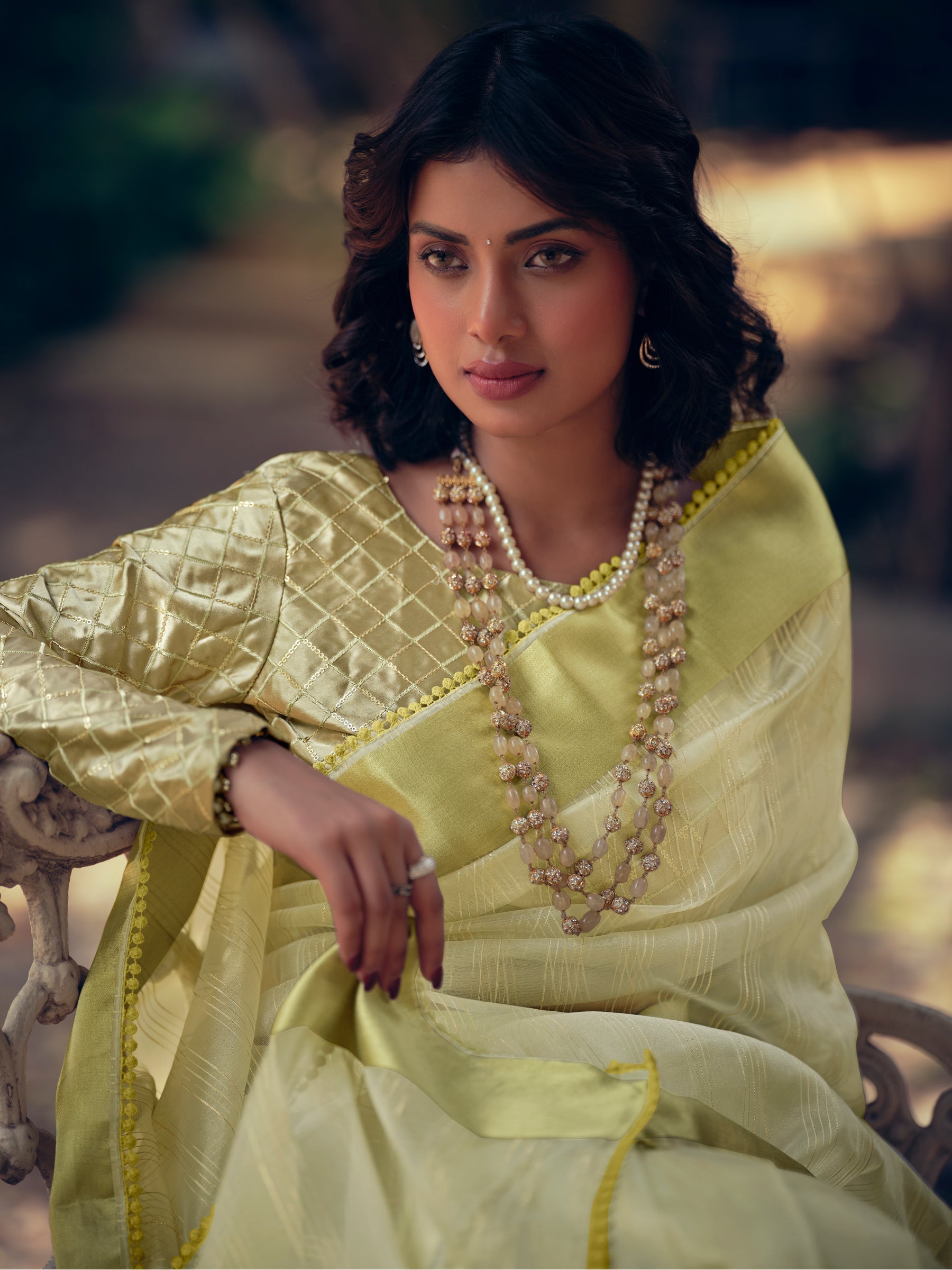 Stylee Lifestyle Green Organza Woven Saree - Distacart