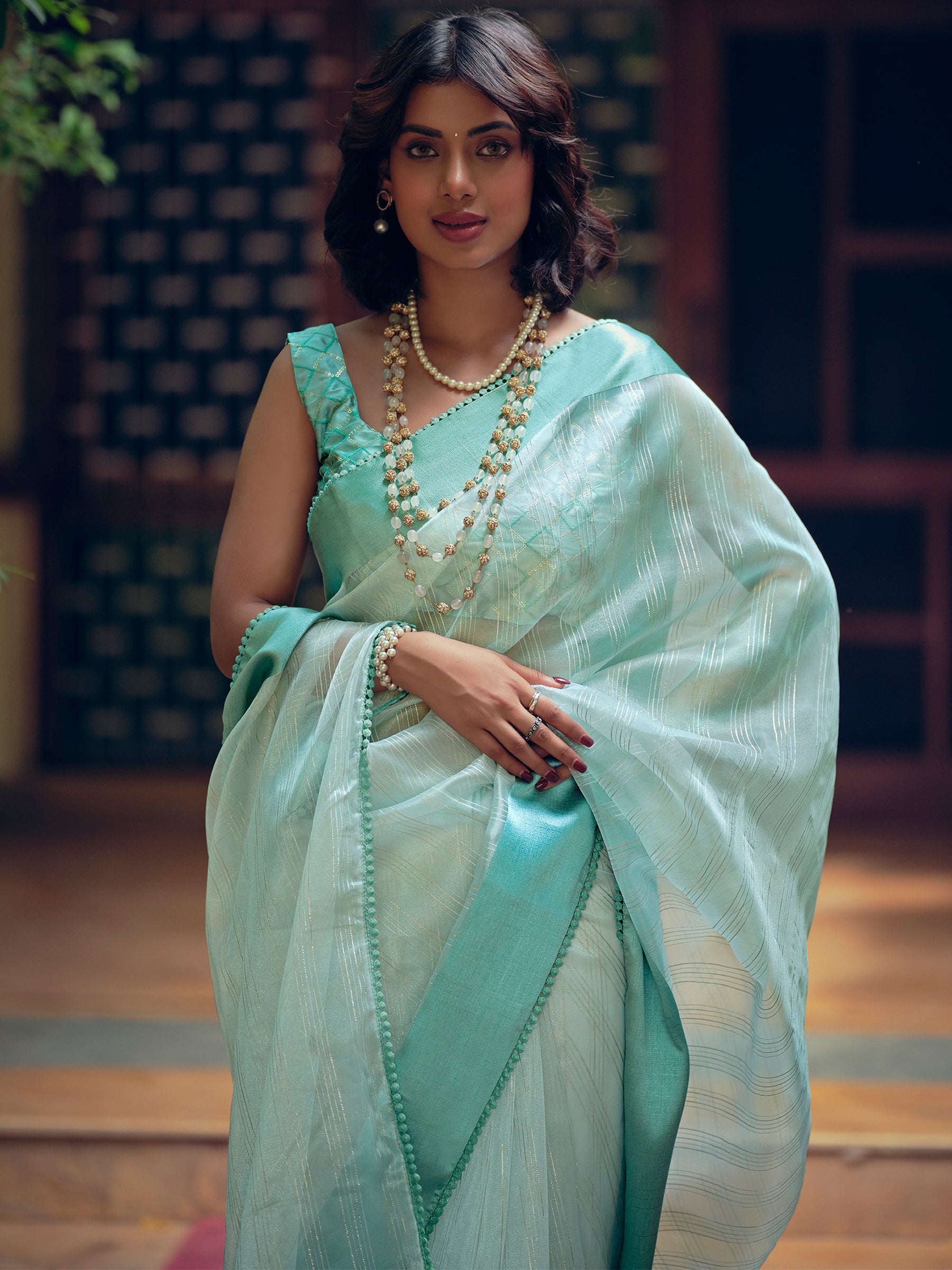 Stylee Lifestyle Sky Blue Organza Woven Saree - Distacart