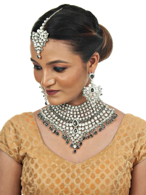 Tehzeeb Creations Platinum Plated Silver Polish Stone Mini Bridal Choker Set for Women & Girls