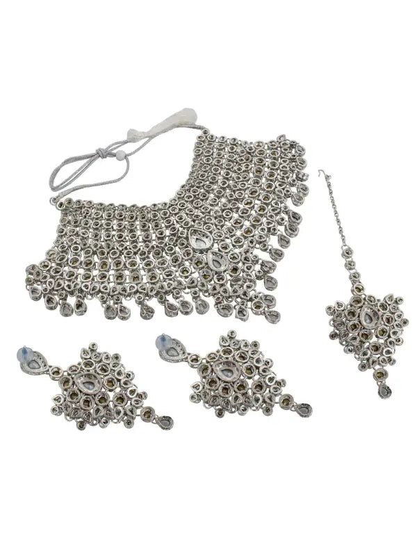 Tehzeeb Creations Platinum Plated Silver Polish Stone Mini Bridal Choker Set for Women & Girls