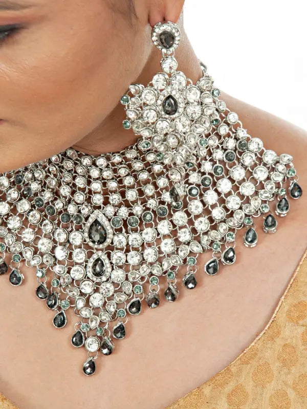 Tehzeeb Creations Platinum Plated Silver Polish Stone Mini Bridal Choker Set for Women & Girls