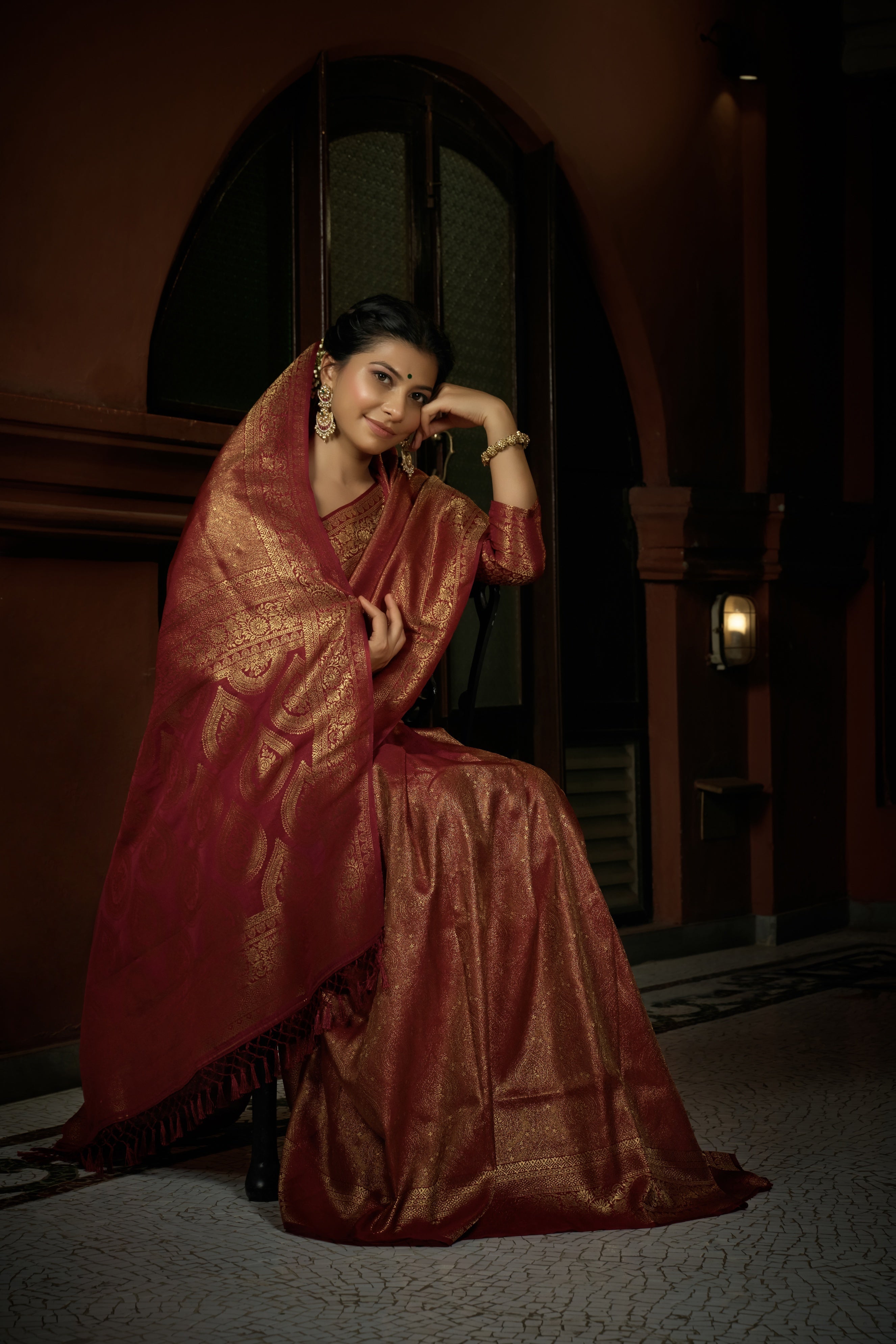 Vardha Carnelian Maroon Golden Zari Kanjeevaram Silk Saree