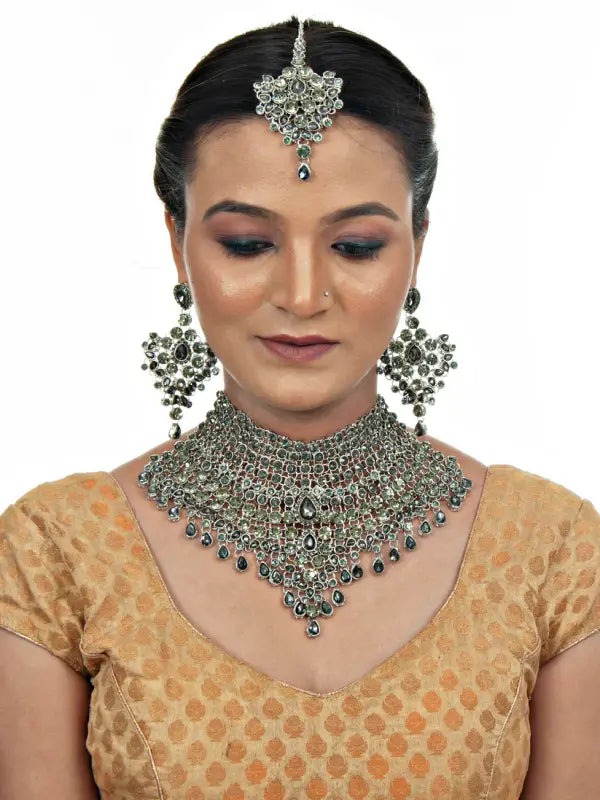 Tehzeeb Creations Platinum Plated Silver Polish Stone Mini Bridal Choker Set for Women & Girls