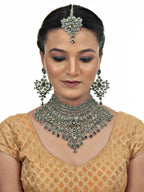 Tehzeeb Creations Platinum Plated Silver Polish Stone Mini Bridal Choker Set for Women & Girls