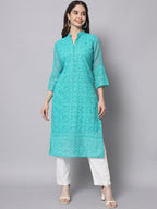 HERE&NOW Women Turquoise Blue Ethnic Motifs Embroidered Thread Work Georgette Kurta
