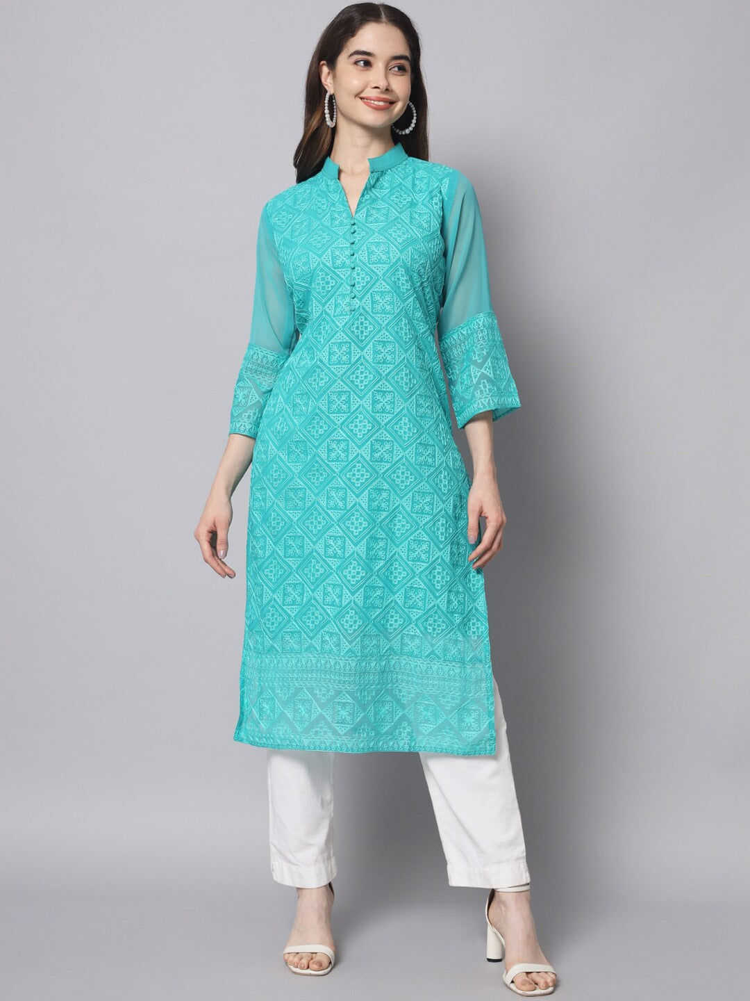 HERE&NOW Women Turquoise Blue Ethnic Motifs Embroidered Thread Work Georgette Kurta