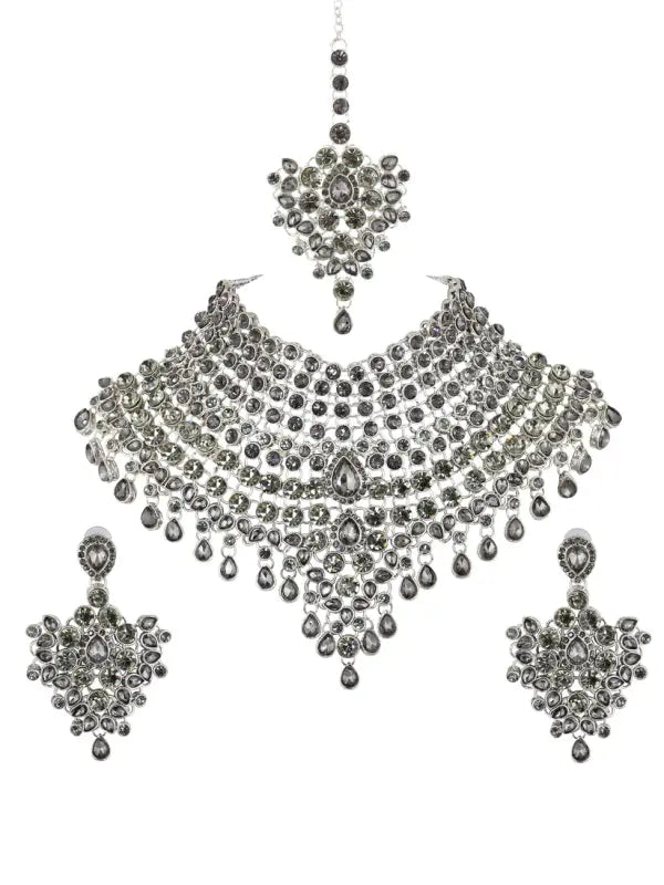 Tehzeeb Creations Platinum Plated Silver Polish Stone Mini Bridal Choker Set for Women & Girls