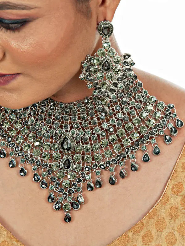 Tehzeeb Creations Platinum Plated Silver Polish Stone Mini Bridal Choker Set for Women & Girls