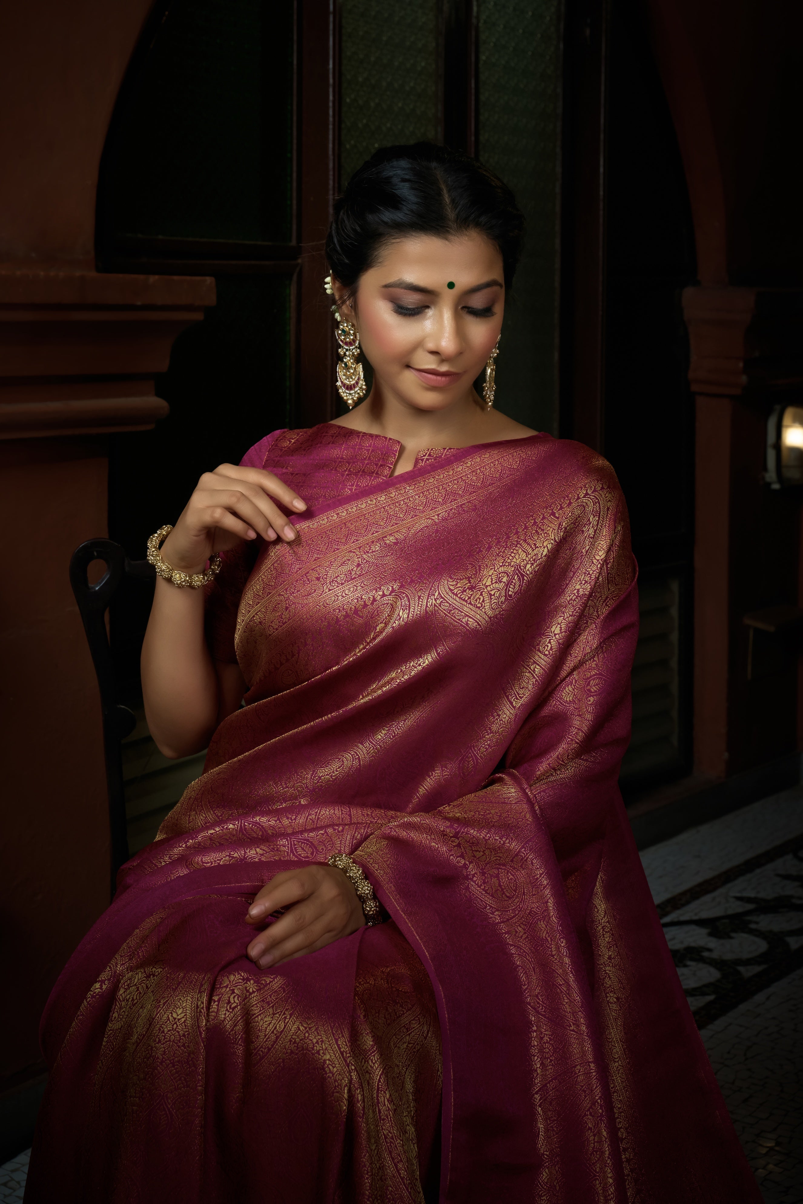 Vardha Barbie Pink Golden Zari Kanjeevaram Silk Saree
