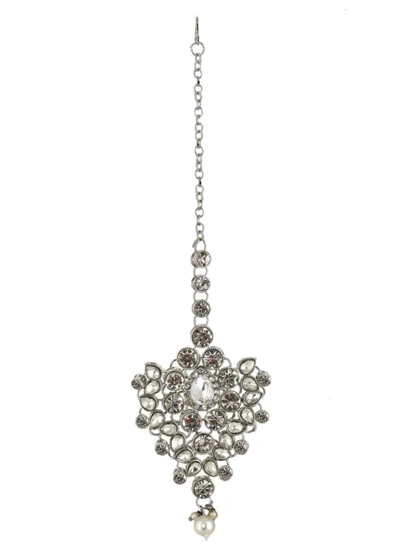 Tehzeeb Creations Platinum Plated Silver Polish Stone Mini Bridal Choker Set for Women & Girls