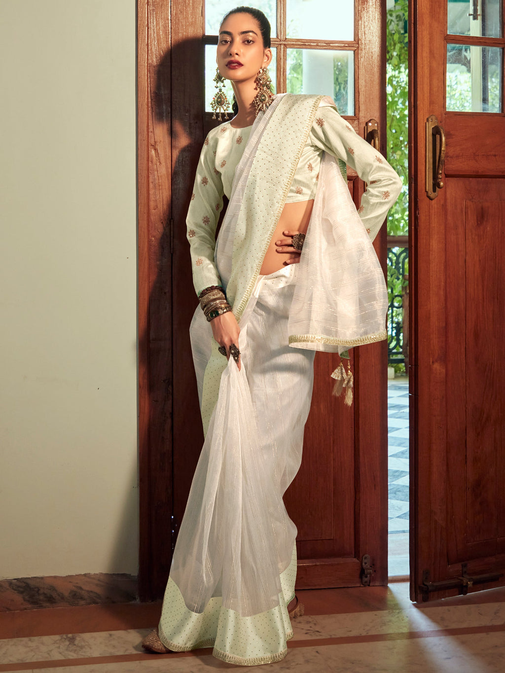 Stylee Lifestyle Cream Organza Woven Saree - Distacart