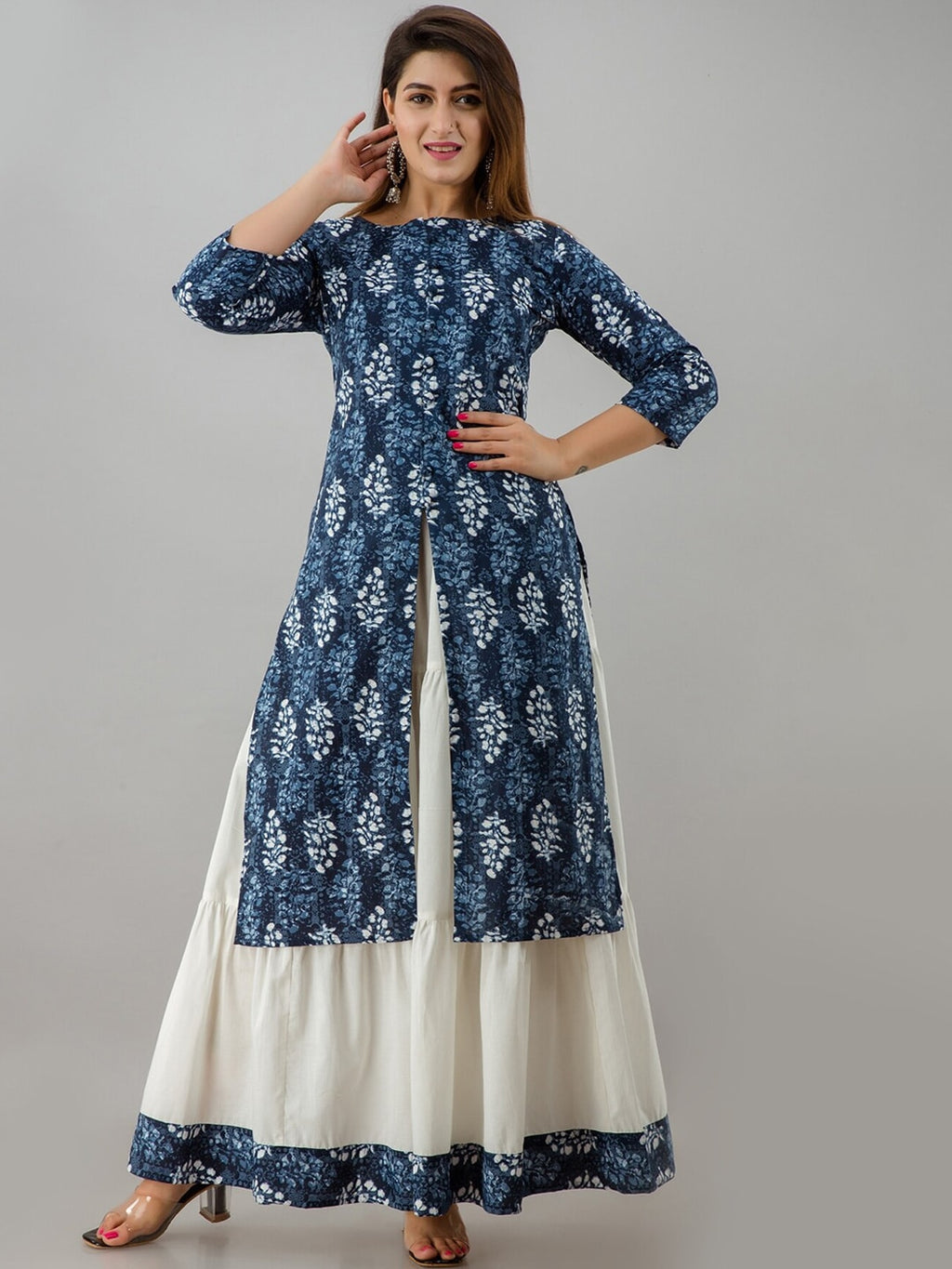 HERE&NOW Blue & White Boat Neck Floral Printed Kurta with Skirt