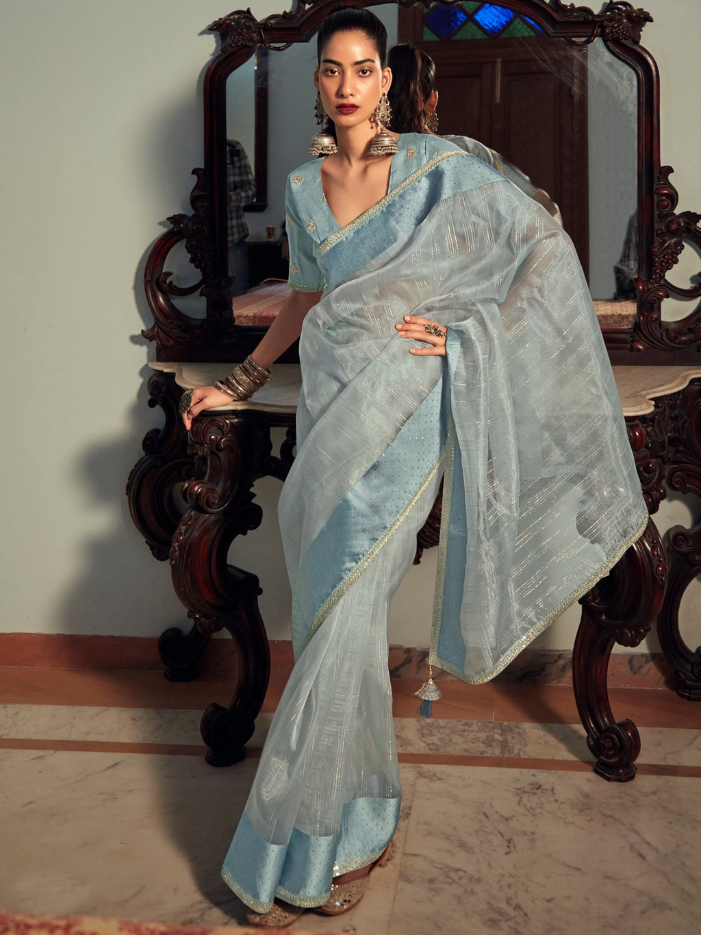 Stylee Lifestyle Sky Blue Organza Woven Saree - Distacart