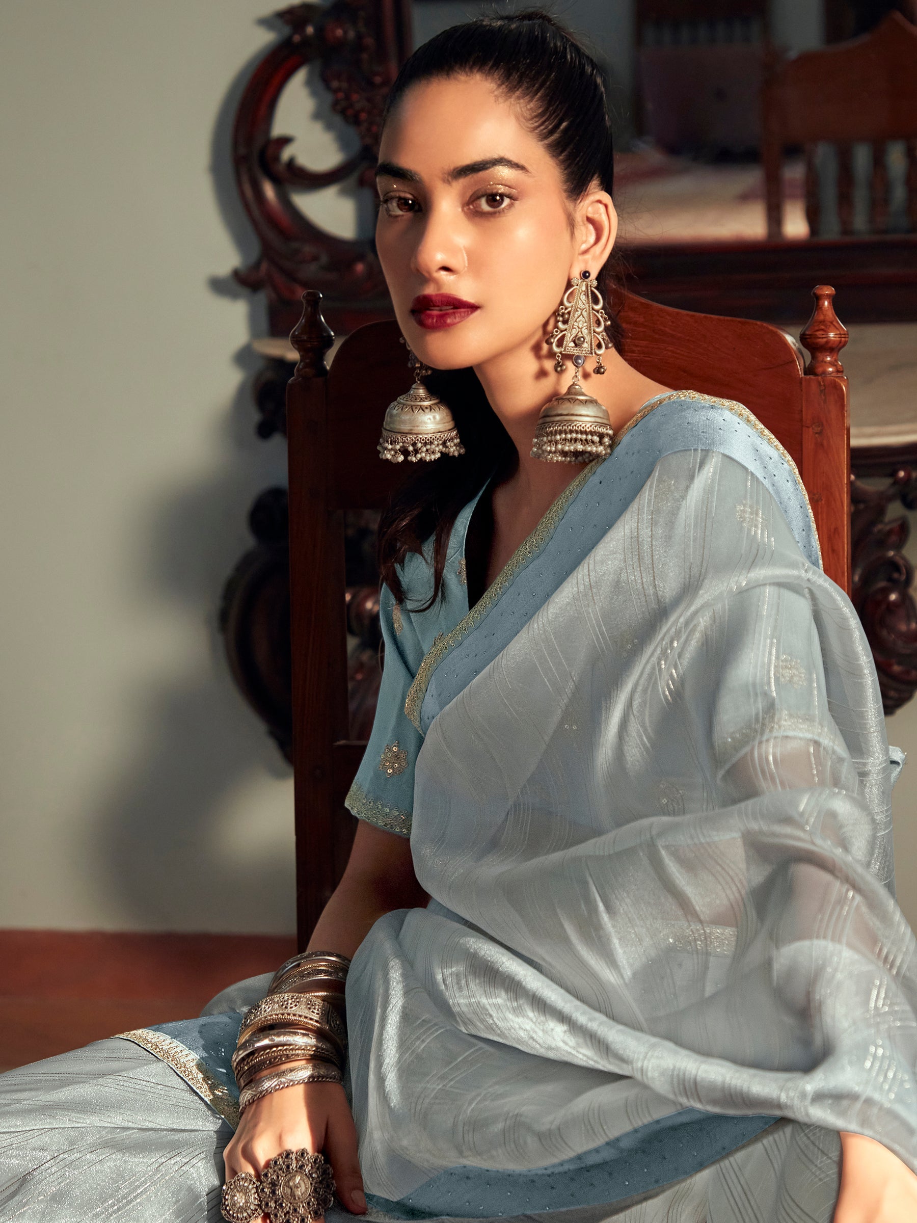 Stylee Lifestyle Sky Blue Organza Woven Saree - Distacart