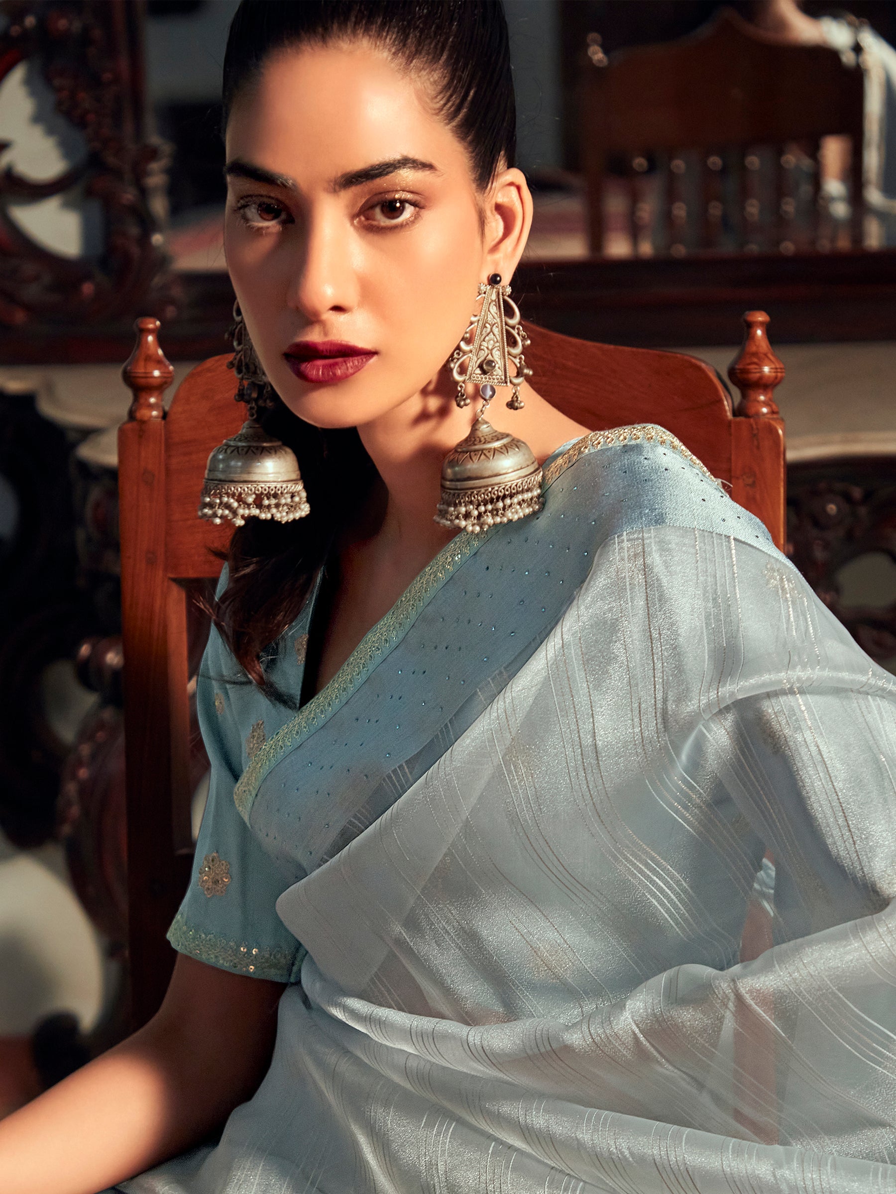 Stylee Lifestyle Sky Blue Organza Woven Saree - Distacart
