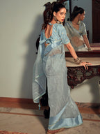Stylee Lifestyle Sky Blue Organza Woven Saree - Distacart
