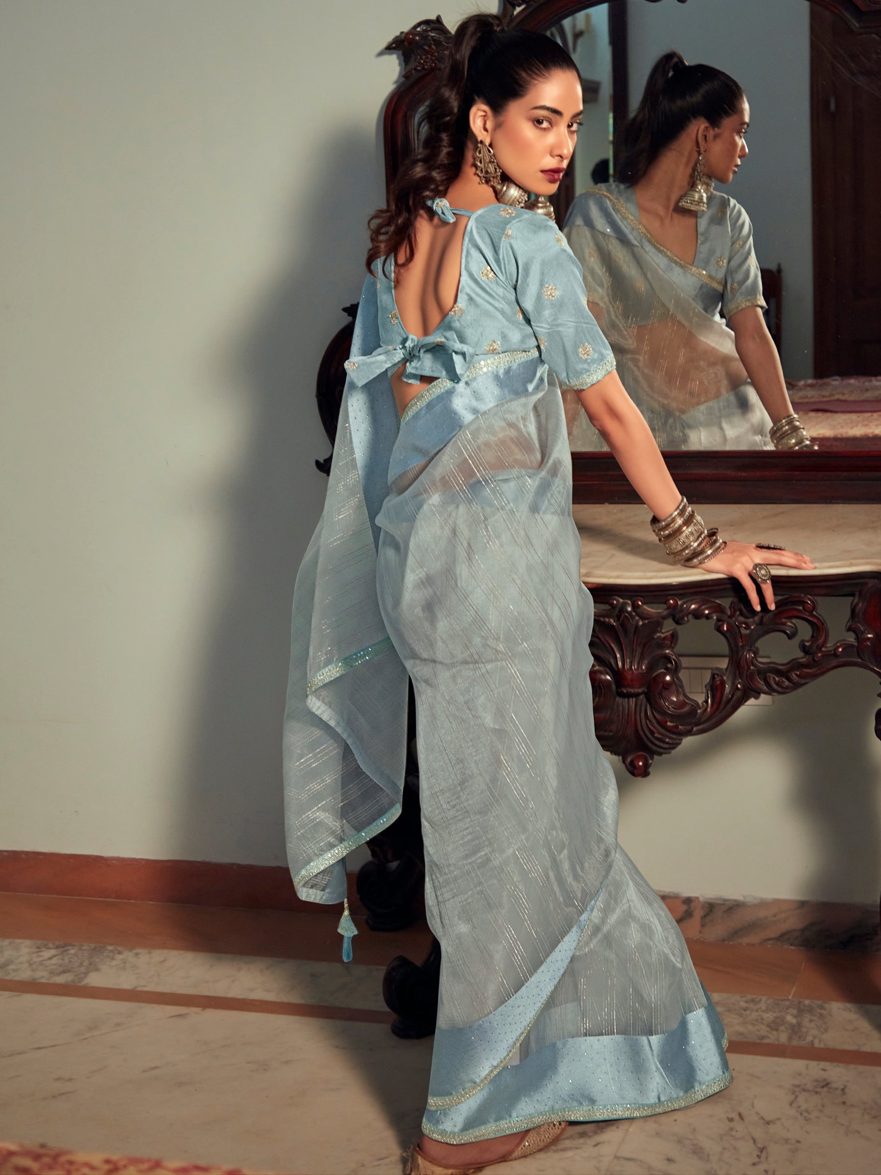 Stylee Lifestyle Sky Blue Organza Woven Saree - Distacart