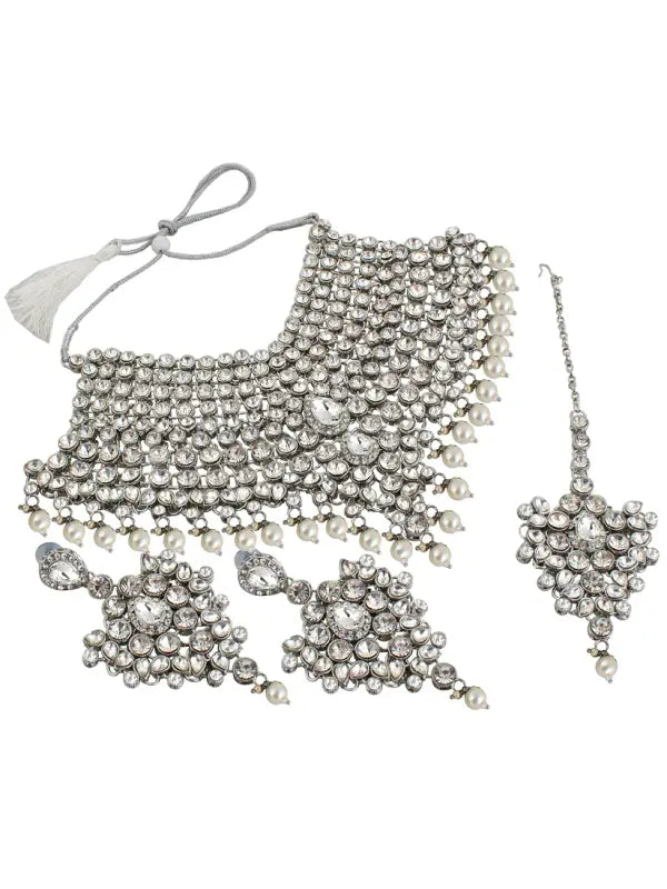 Tehzeeb Creations Platinum Plated Silver Polish Stone Mini Bridal Choker Set for Women & Girls