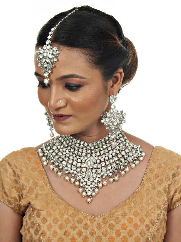 Tehzeeb Creations Platinum Plated Silver Polish Stone Mini Bridal Choker Set for Women & Girls