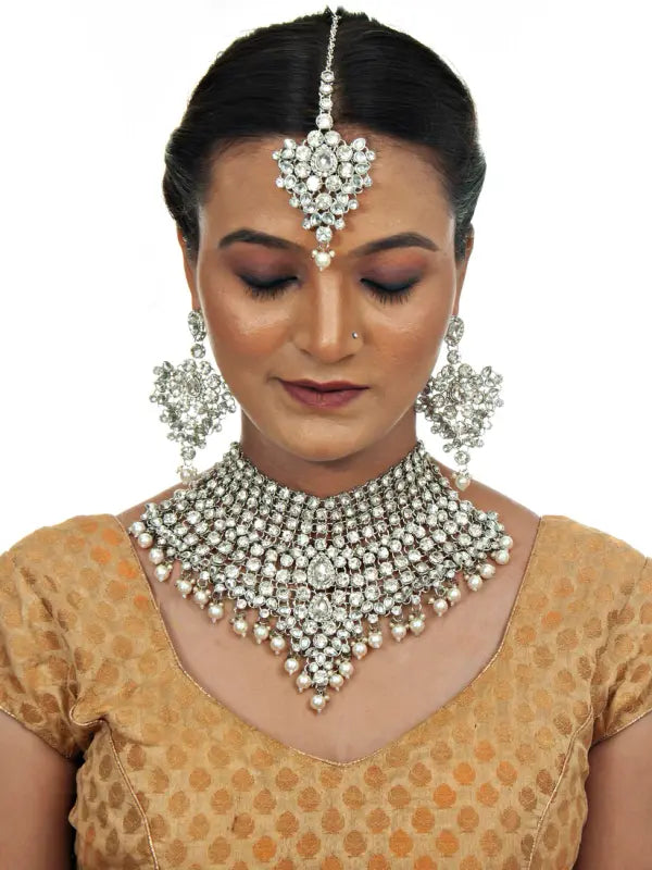 Tehzeeb Creations Platinum Plated Silver Polish Stone Mini Bridal Choker Set for Women & Girls
