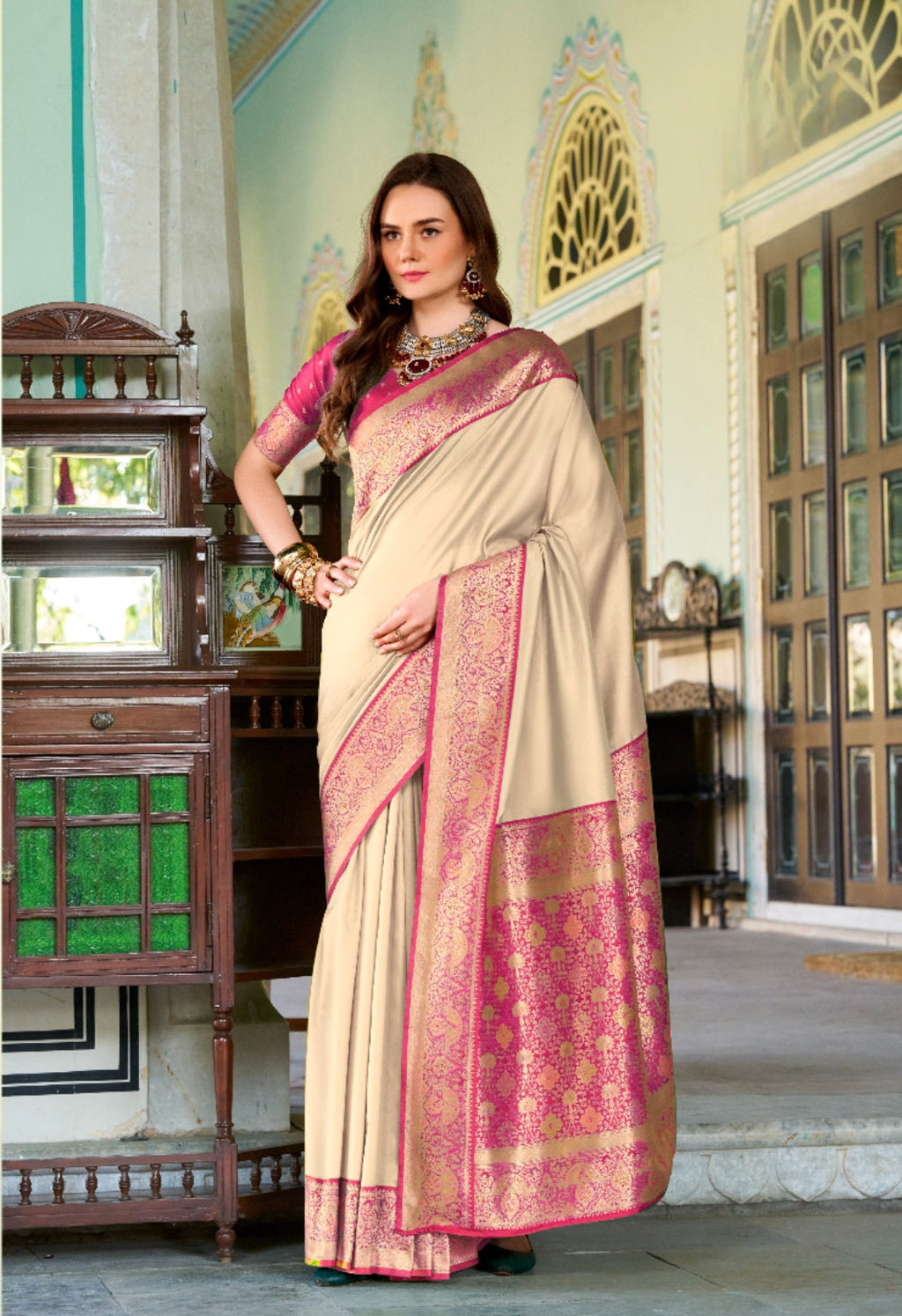 Anaita Beige Soft Silk Zari Weaving Saree With Blouse Piece - Distacart