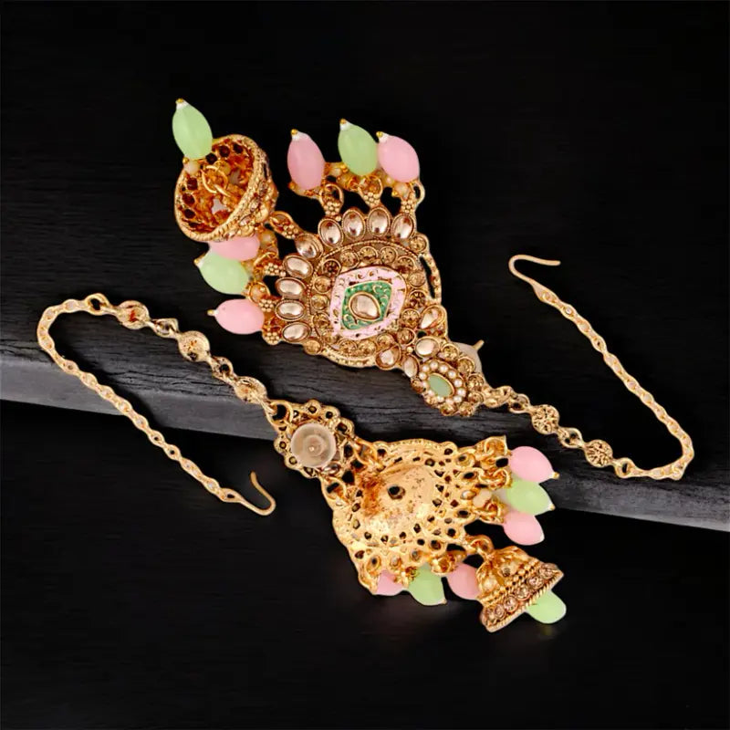 Tehzeeb Creations Traditional Designer Kundan Stone Pink and Mint Meenakari Choker Bridal Set