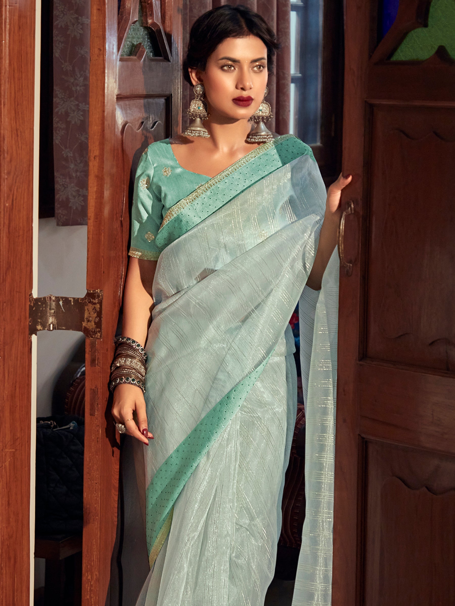 Stylee Lifestyle Green Organza Woven Saree - Distacart