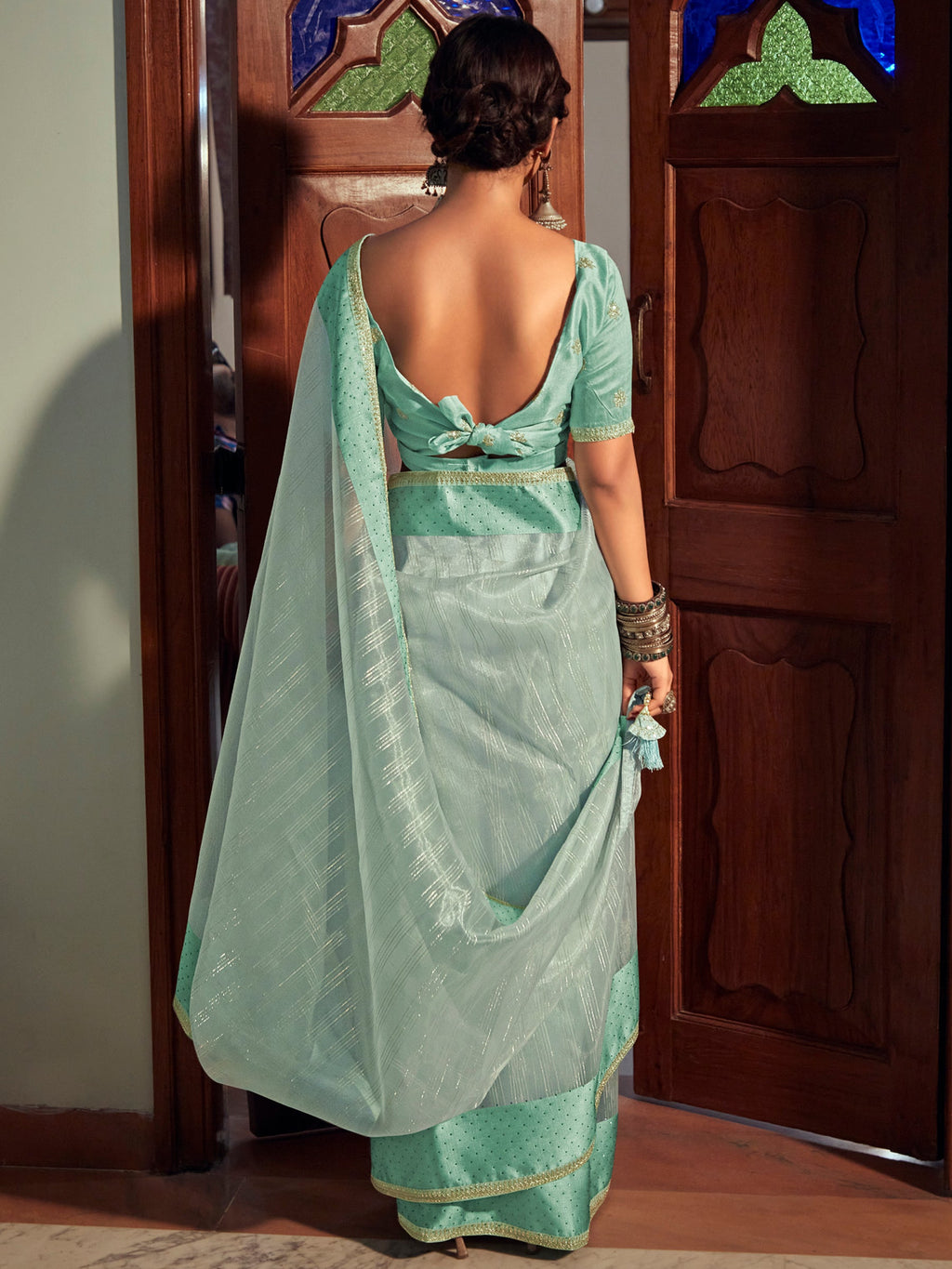 Stylee Lifestyle Green Organza Woven Saree - Distacart