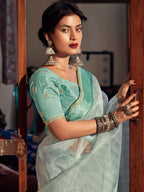 Stylee Lifestyle Green Organza Woven Saree - Distacart