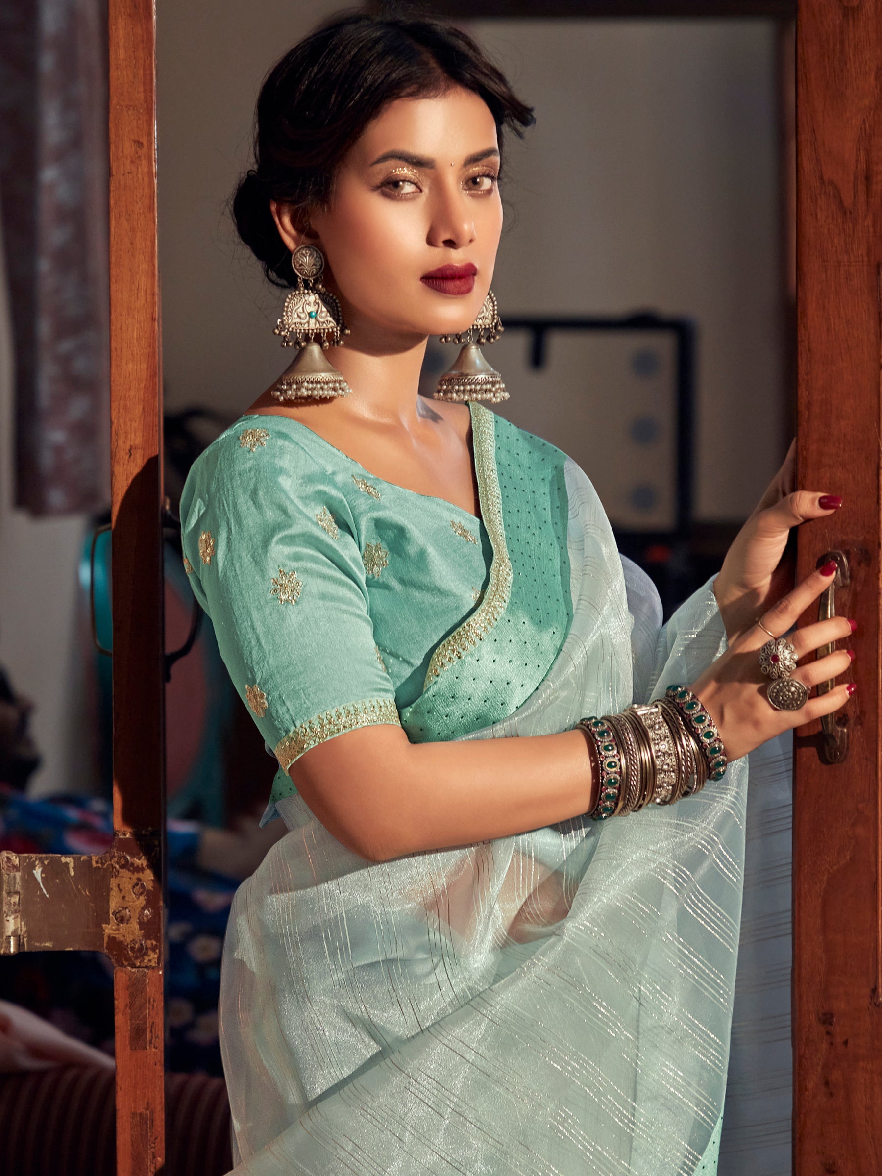 Stylee Lifestyle Green Organza Woven Saree - Distacart