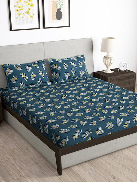 Story@home Arena Grey & Yellow Floral Printed 180 TC Queen Bedsheet & 2 Pillow Covers