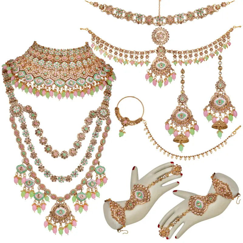 Tehzeeb Creations Traditional Designer Kundan Stone Pink and Mint Meenakari Choker Bridal Set