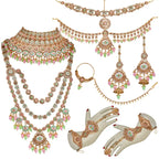 Tehzeeb Creations Traditional Designer Kundan Stone Pink and Mint Meenakari Choker Bridal Set