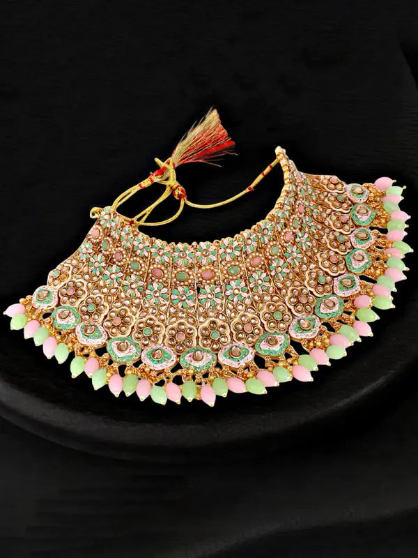 Tehzeeb Creations Traditional Designer Kundan Stone Pink and Mint Meenakari Choker Bridal Set