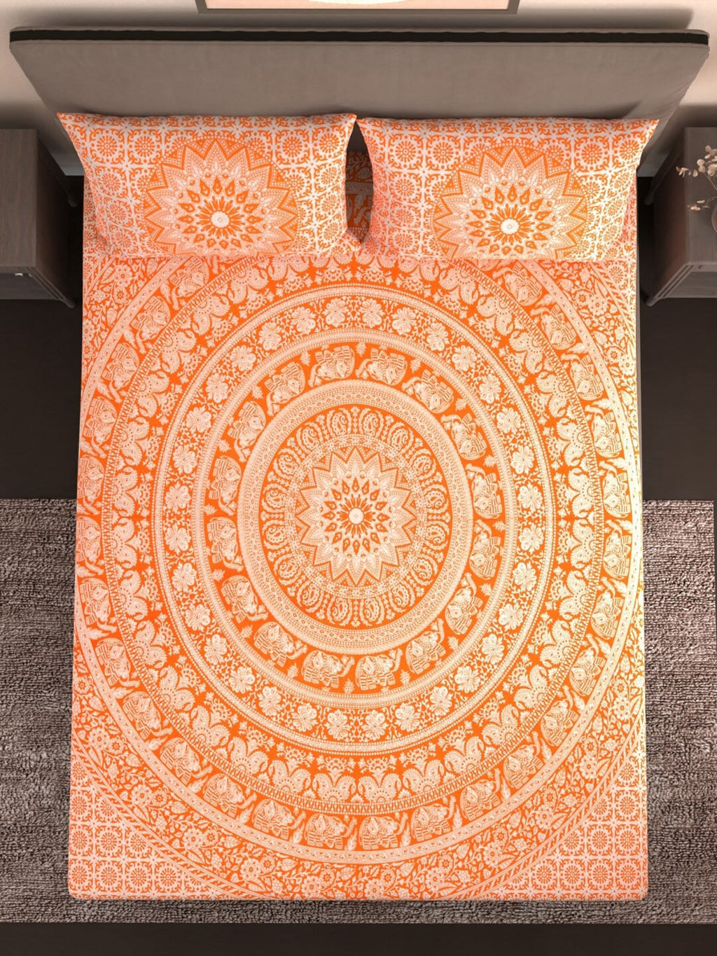 Varde Orange & White Ethnic Motifs Cotton 210 TC King Bedsheet With 2 Pillow Covers