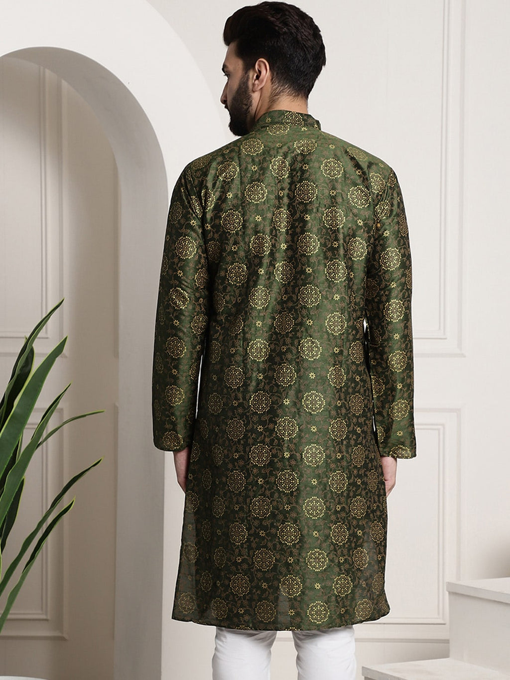 Sojanya Men Green & Brown Ethnic Motifs Printed Kurta