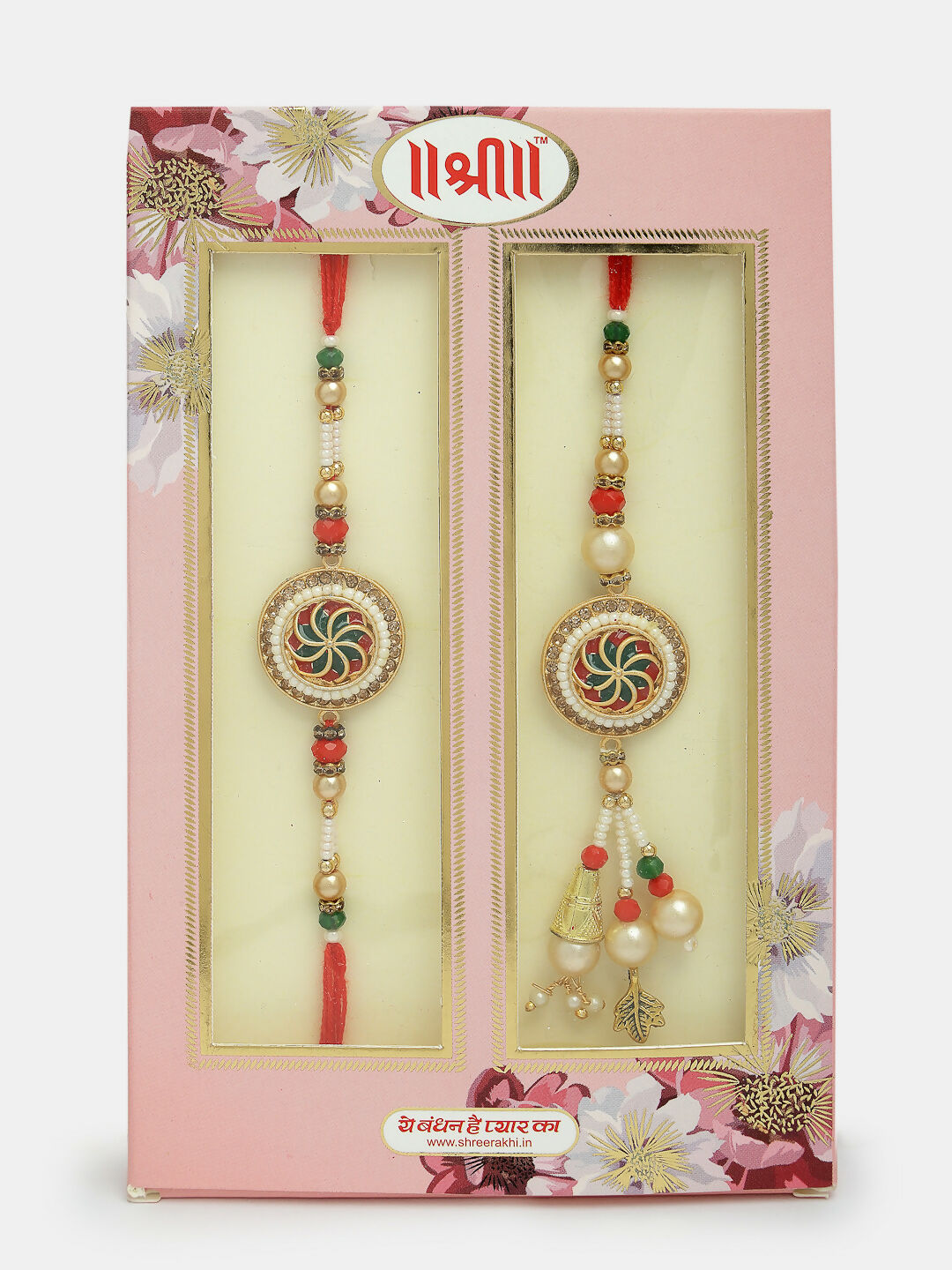NVR Women & Men Set of 2 Gold-Toned Stone-Studded & Beaded Bhaiya Bhabi Rakhi With Roli Chawal - Distacart