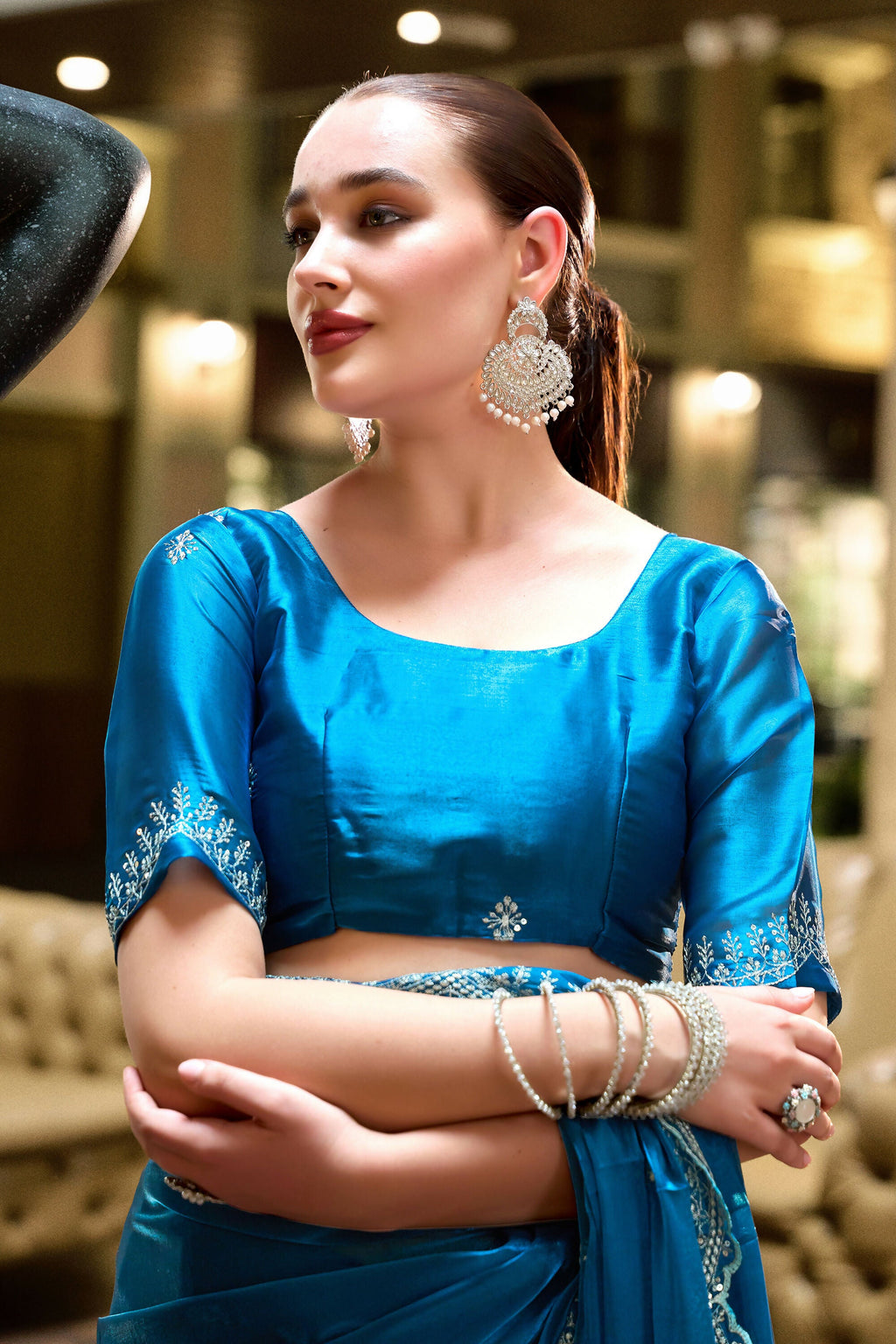 Vastranavya Sea Blue Embroidery Work Shimmer Chiffon Saree with Unstitched Blouse - Distacart