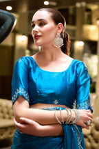 Vastranavya Sea Blue Embroidery Work Shimmer Chiffon Saree with Unstitched Blouse - Distacart