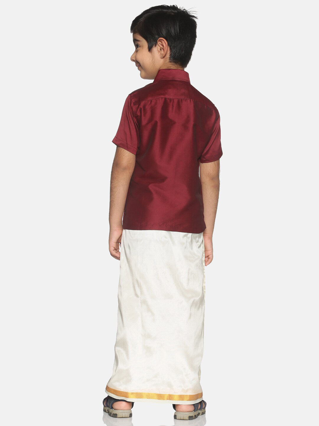 Sethukrishna Boys Maroon & White Solid Shirt and Veshti Set