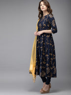 HERE&NOW Women Navy Blue & Gold-Toned Printed Kurta with Churidar & Dupatta