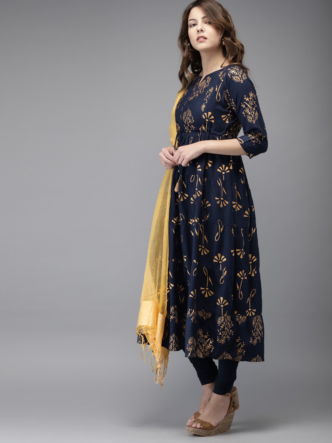 HERE&NOW Women Navy Blue & Gold-Toned Printed Kurta with Churidar & Dupatta