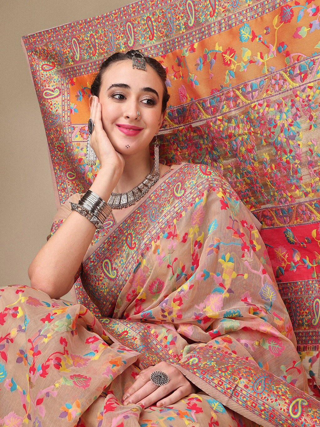 Sangria Beige & Orange Floral Woven Design Pure Silk Saree - Distacart