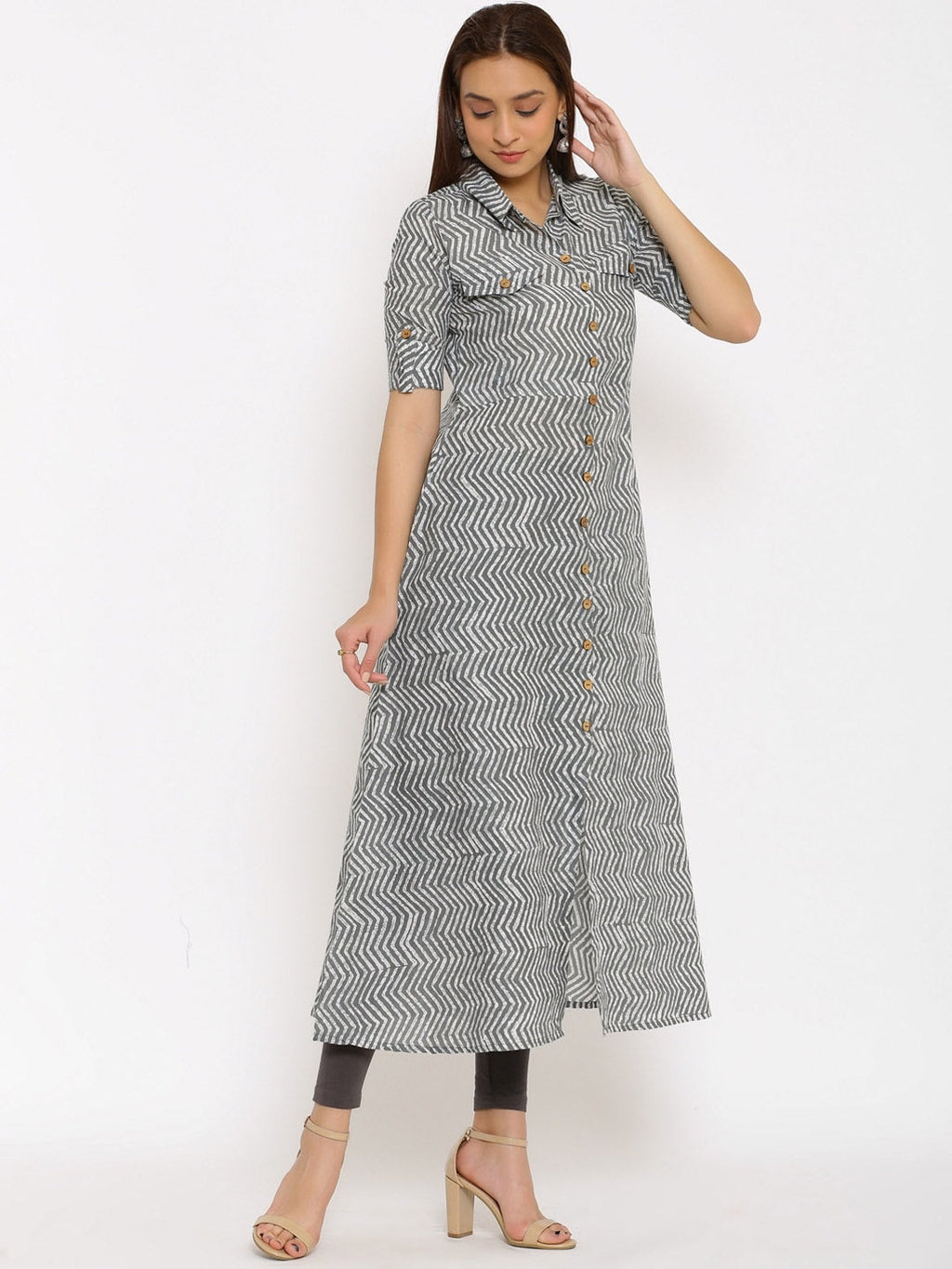 HERE&NOW Grey Shirt Collar Chevron Printed Roll Up Sleeves A-Line Kurta