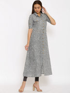 HERE&NOW Grey Shirt Collar Chevron Printed Roll Up Sleeves A-Line Kurta