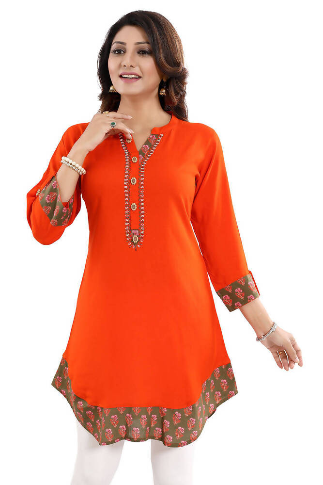 Snehal Creations Rayon Designer Embroidery Orange Tunic