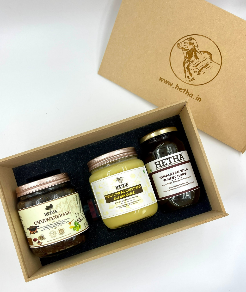 Hetha Gift Box with Desi Cow A2 Cultured Bilona Ghee, Chyawanprash, Honey & Lip Balm