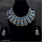 Tehzeeb Creations Women's Silver Colour Oxidised Necklace Set With Meenakari Work