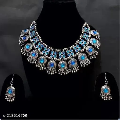 Tehzeeb Creations Women's Silver Colour Oxidised Necklace Set With Meenakari Work